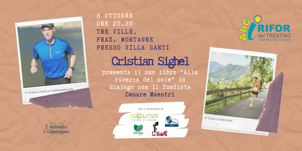 Lòcandina di presentazione contenente la foto di Ceseare Maestri e Cristian Sighel, l'orario e la location.