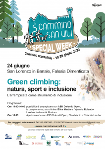 24 giugno ore 14:00 presso la Falesia Dimentica di San Lorenzo in Banale: possibilità di arrampicare con ASD Dolomiti Open, Elisa Martin e Rolando Larcher